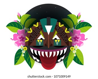 Mask with protruding tongue, stylized Hawaiian wooden sculpture. Decorated with hydrangea flowers and palm leaves. Element for decoration and design of posters, booklets, t-shirts
