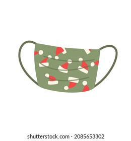 Mask with red santa claus hat.Christmas sticker.Hand drawn winter element. Christmas illustrations for cards, posters, labels, web, logos, scrapbooking, templates. Isolated vector on white background.