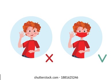 A mask is required. Entry without a mask is prohibited. Male guy with a medical mask and no mask. fight against the covid-19 coronavirus. Vector illustration in flat style