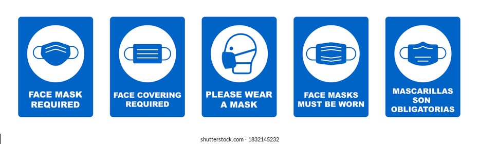 Mask Required. Face mask required vector signs set. Facemask or covering must be worn in shops public spaces during coronavirus covid-19 social distancing pandemic. Set of vector face covering icons 