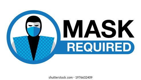 Mask Required, No entry without mask comic sticker - cartoon person silhouette in virus protective equipment - face mask required prohibit sign