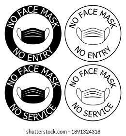 Mask required. Only in mask enter. The covering must be worn in shops or public spaces. Put on the protective covering. No mask no service. Round symbol. Vector illustration