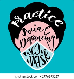 Mask required. quote illustration hand drawn with text "wear your mask". vector. social distancing sign. STOP CORONAVIRUS. Facial mask sticker. signs for store, school advise, kids mask. mascarilla.