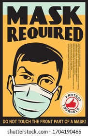 Mask Required Retro Sign Template. Man Wearing Medicine Mask. Healthcare Vector Illustration.