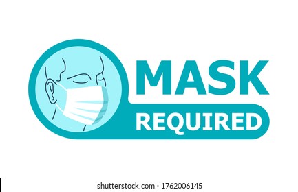 Mask required warning attention sign - human profile silhouette with face mask in creative rounded frame - isolated vector information picture