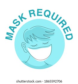 Mask required warning attention sign - cute character in thin line with face mask in creative circle frame - isolated vector information picture