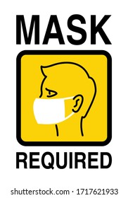 Mask required warning prevention sign - human profile silhouette with face mask - vector information picture