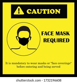 Mask required warning prevention sign. Wear face mask sign and symbol. Protect yourself from coronavirus concept. Wear mask safety sign. MASK REQUIRED sign. 