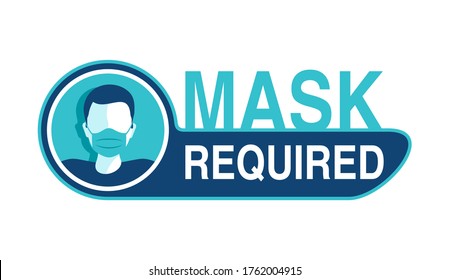 Mask required warning prevention sign - human profile silhouette with face mask in creative rounded frame - isolated vector information picture