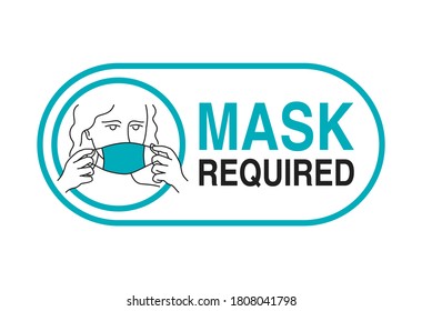 Mask required warning prevention sign - woman head with face mask in rounded rectangular frame - isolated vector information picture