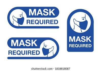 Mask required warning prevention sign - human profile silhouette with face mask in rounded rectangular frame - isolated vector information pictures set