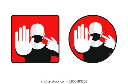 Mask required warning prevention sign stylized as stop roadsign in square and circle form - face silhouette with mask in rounded rectangular frame - isolated vector information picture