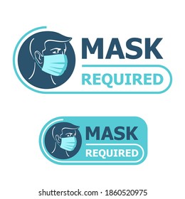 Mask required warning prevention sign in 2 variations - human profile silhouette with face mask in rounded rectangular frame - isolated vector information sticker