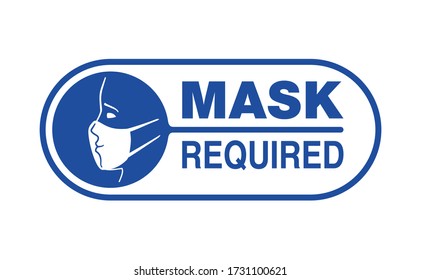 Mask required warning prevention sticker - human profile silhouette with face mask in rounded rectangular frame - isolated vector information picture