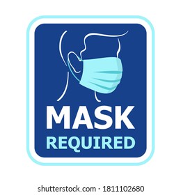 Mask required warning prevention sticker - human face silhouette with protective mask in rounded frame - isolated vector information sign