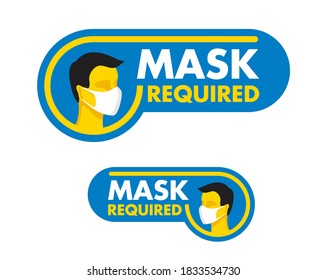 Mask required warning prevention sticker - human profile silhouette with face mask in rounded rectangular frame - isolated vector information picture