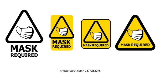 Mask required warning prevention triangular sign - virus protection face mask in standard frame - isolated vector sticker