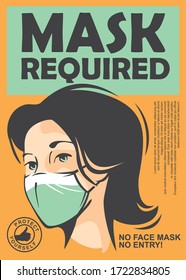 Mask Required Warning Sign With Young Girl Wearing Face Mask. Vector Door Sign Illustration.