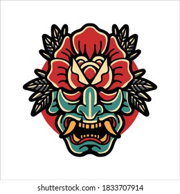 mask and rose tattoo vector design