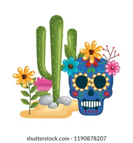 mask of the santa death with flowers and cactus