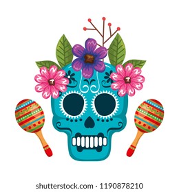 mask of the santa death with flowers and maracas