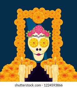 mask of the santa death in frame flowers