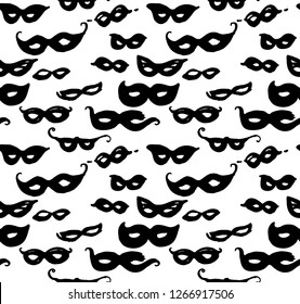 Mask. Seamless hand draw pattern carnival masks. Black masquerade masks on a white background graphic background.