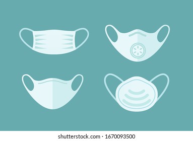 Mask set isolated on blue background. Vector medical doctor, surgical, safety breathing elements mockup. Virus, dust or air pollution face mask protection.
