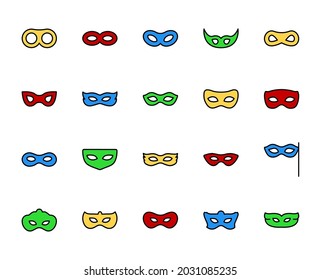 Mask set line icons in flat design with elements for web site design and mobile apps.  Collection modern infographic logo and symbol. Holidays vector line pictogram