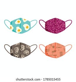 Mask set pack collection 2 from virus corona disease 19 from cloth with colorful pattern design like blue egg sunny side up, flower line purple, abstract grey, and modern pink flat vector illustration