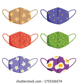 Mask set pack collection from virus corona disease 19 from cloth with colorful pattern design like flower, star, abstract outline, green bean, and egg design vector illustration.