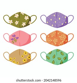 Colección de conjuntos de máscaras de la enfermedad de la corona del virus covid-19 de la tela con diseño de patrones coloridos como flor blanca, estrella azul, flor marrón rosa morado y hojas verdes ilustraciones vectoriales