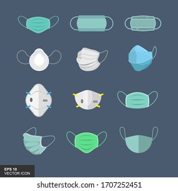 Mask sets, protective medical masks, various respirators for health care, water pollution, vector masks, doctor masks, corona viruses in China, face mask protection. vector illustration.