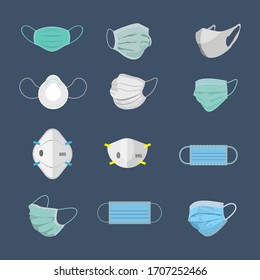 Mask sets, protective medical masks, various respirators for health care, water pollution, vector masks, doctor masks, corona viruses in China, face mask protection. vector illustration.