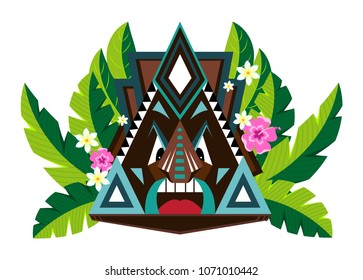 Mask in the shape of a triangle, stylized Hawaiian wooden sculpture. Decorated with hydrangea flowers and palm leaves. Element for decoration and design of posters, booklets, t-shirts Vector.