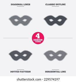 Mask sign icon. Anonymous spy access symbol. Diagonal and horizontal lines, classic outline, dotted texture. Pattern design icons.  Vector