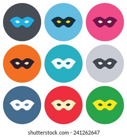 Mask sign icon. Anonymous spy access symbol. Colored round buttons. Flat design circle icons set. Vector