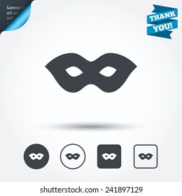 Mask sign icon. Anonymous spy access symbol. Circle and square buttons. Flat design set. Thank you ribbon. Vector