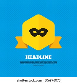 Mask sign icon. Anonymous spy access symbol. Yellow label tag. Circles seamless pattern on back. Vector