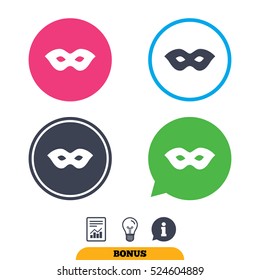 Mask Sign Icon. Anonymous Spy Access Symbol. Report Document, Information Sign And Light Bulb Icons. Vector