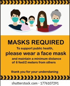 Mask sign. Masks required sign. Wear mask sign and symbol. Notice banner to wear a mask during Coronavirus pandemic. Please wear a face mask. Social distancing sign. Wearing face covering notice .