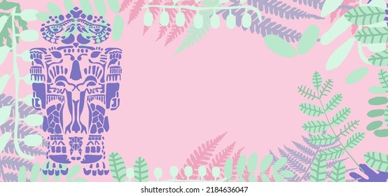 Mask and signs of the ancient peoples of America on a pink background with fern and acacia leaves
