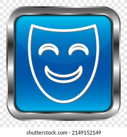 Mask simple icon vector. Flat design. Metal, blue square button. Transparent grid.ai