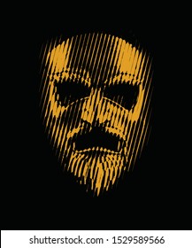 mask skull halftone line vector for poster design with sacred geometry background