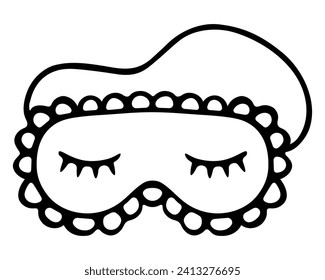 Mask for sleep. Cute accessory with a pattern of closed eyes. Sketch. Vector illustration. Doodle style. Attribute on the eyes with lace around the edges and elastic. Creating darkness 