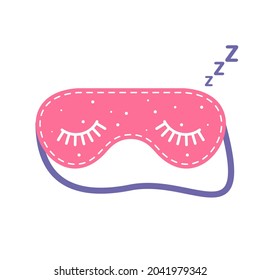 Mask for sleep. Pink eye bandage for sleep. Closed eyelids. Woman accessory for relaxation and traveling. Vector illustration flat design. Isolated on white background.