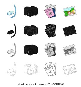Mask and snorkel, camera, documents passport, photograph. Family holiday set collection icons in cartoon black monochrome outline style vector symbol stock illustration web.