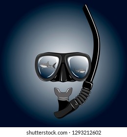 Mask and snorkel for diving with sharks. Vector image on dark blue background.
