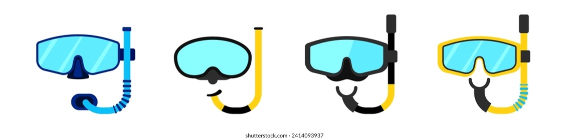 Mask with snorkel for diving template. Equipment with glass goggles for diving in sea and river with plastic breathing system for underwater vector swimming