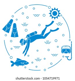 Mask, snorkel, flippers, sun, fish, scuba diver. Sports and recreation theme. Design for banner, poster or print.